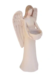 Anděl se svícnem béžový, 27cm